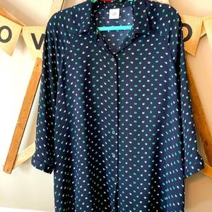 CAbi blouse. Navy with kelly green/white dots